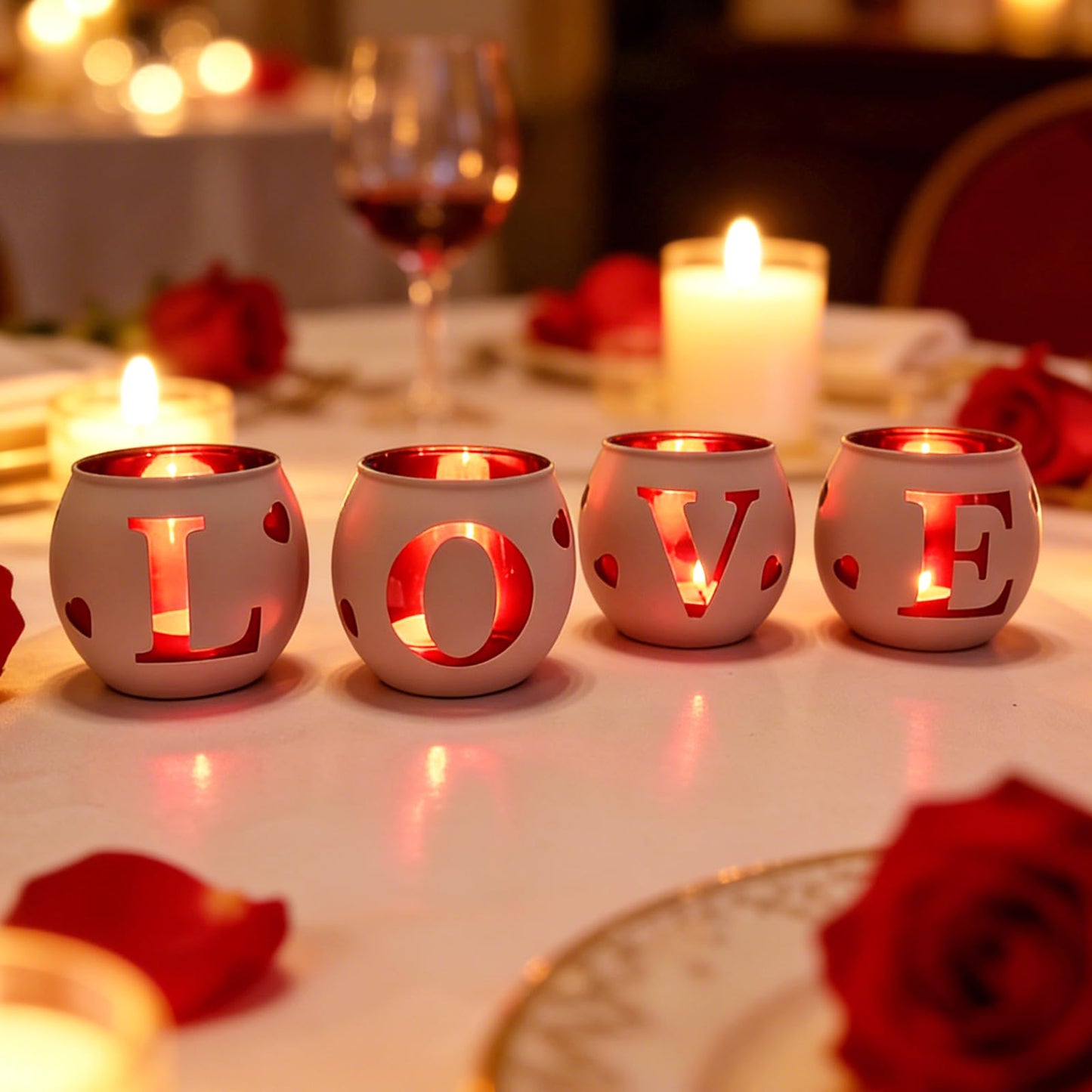 Love Glass Tea Light Candle Holders, Votive Tealight Holder Table, Love Centerpiece Decorations for Wedding Valentines Anniversary Party Decor (Pink-4)