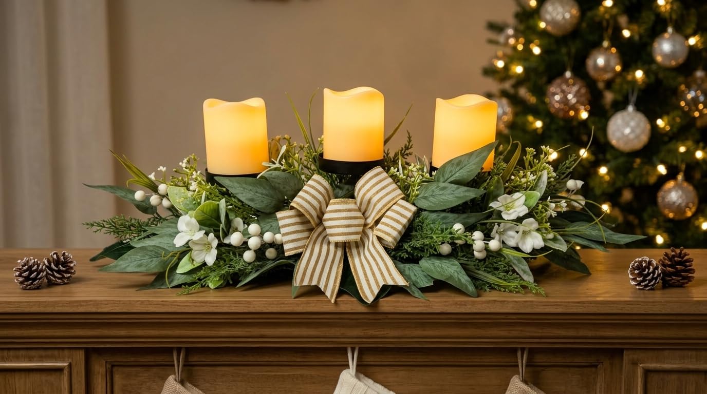 Candle Holder Centerpiece for Table,3 Wick Candle Holder with Artificial Gypsophila Flower,Artificial Eucalyptus Leaves Magnolia Holly Berries and Striped Bow for Table Centerpiece Decor,Dining Room