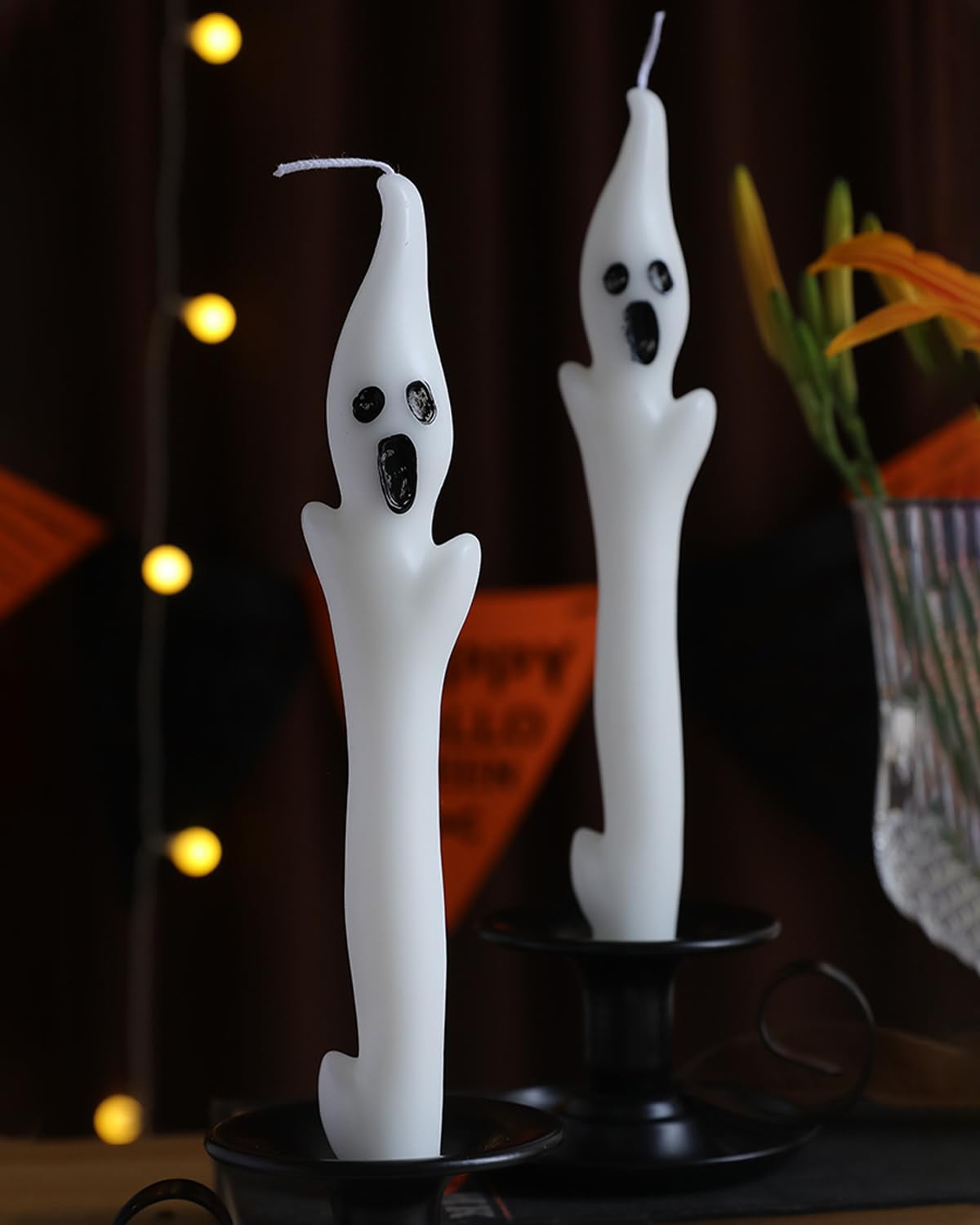 10inch Ghost Taper Candles White Tall Taper Candle with Decorative Candlestick for Halloween Table Decorations,Set of 2