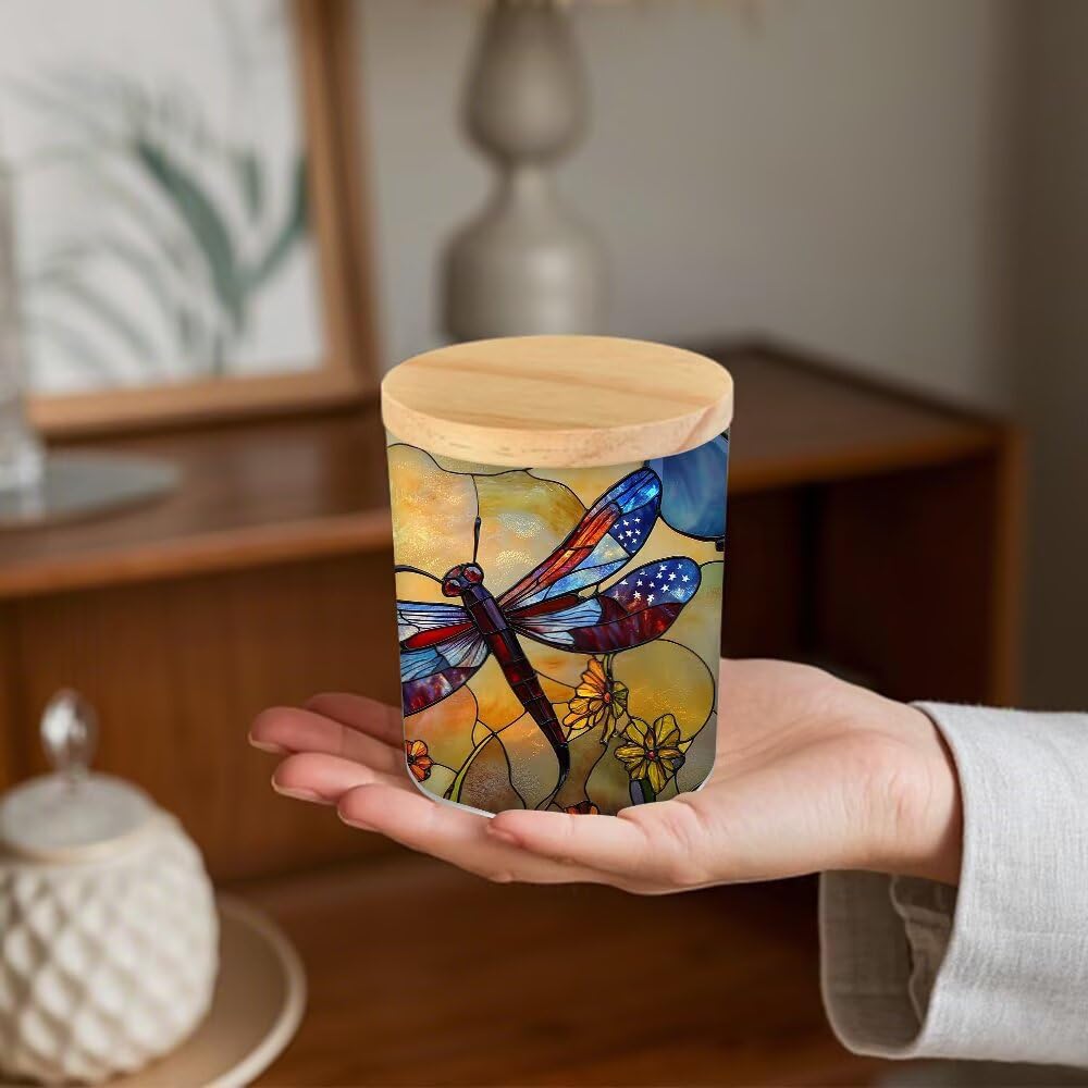 Stained Glass Dragonflies Tea Light Candle Holders, Pastoral Wildflowers Tealight Candle Holder Jar with Wooden Lid, Votive Candlesticks for Table Centerpieces, Christmas,Birthday Party