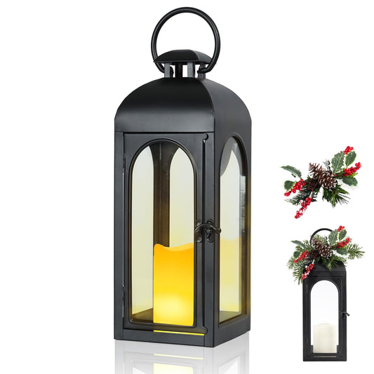 Lanterns Decorative Indoor, Black Lantern Outdoor with Led Candle and Timer, 16 Inch Decorative Candle Lanterns Flameless Light with Floral and Greenery for Table Centerpieces,Home, Porch Decor