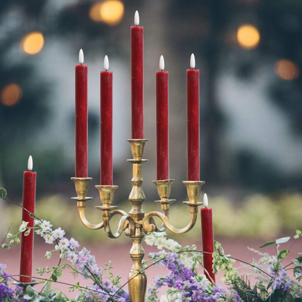 Wondise Flameless Taper Candles with Timer, 2 Pack Battery Operated Flameless Flickering Candles Real Wax Burgundy LED Candle for Christmas Wedding Dinner Decorations