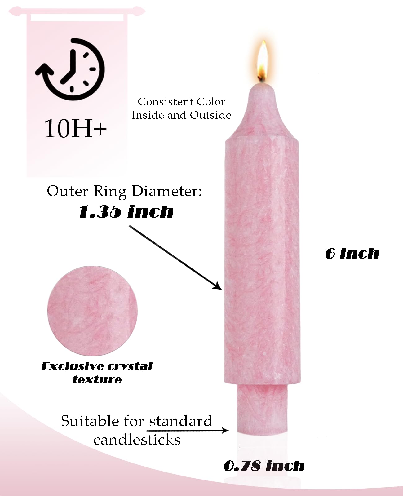 LPUSA Pink Crystal Short Taper Candle Sticks Dripless Tapered Candles for for Holiday Wedding Party Wax Unscented Dinner 6 inch Set of 4