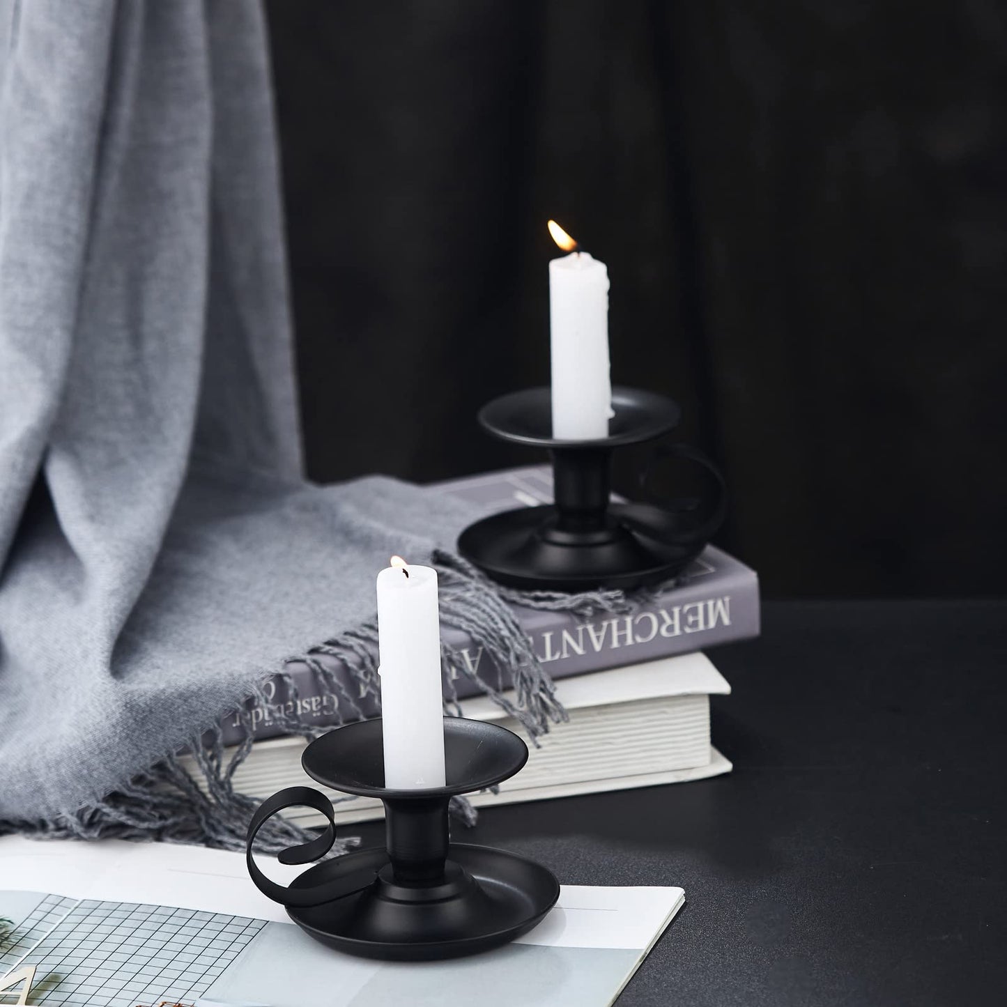 SZHTSWU Taper Candle Stick Holder, Set of 2 Retro Iron Candlestick Holders Candlelight Dinner Stand for Wedding Dinning Party Table Home Decoration (Black)