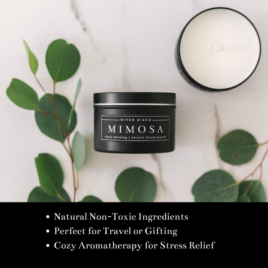 River Birch Candles Mimosa Scented Candle | Premium, All-Natural, Non-Toxic, Soy Candles | 8 oz. Black Matte Tin Travel Candle | Cozy Relaxing Gifts for Home