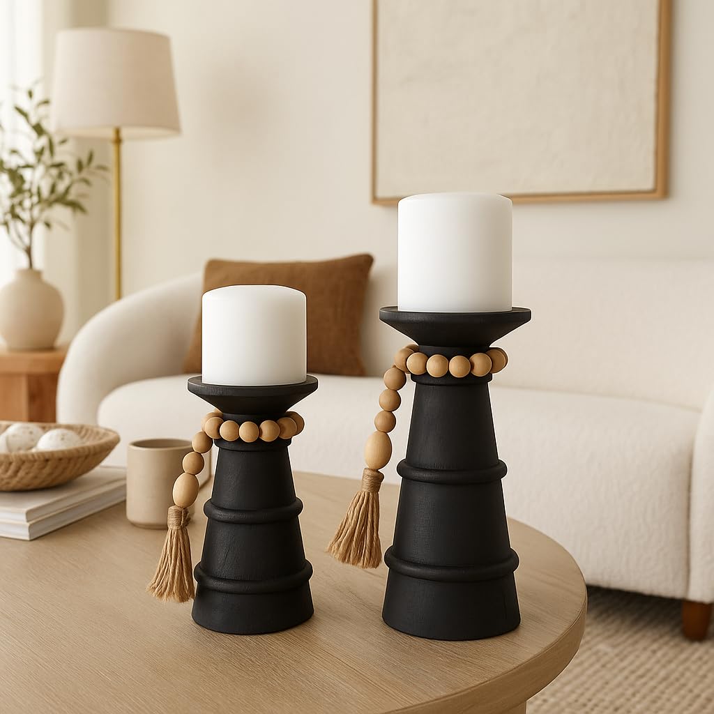Deco 79 Wood Handmade Decorative Candle Holder Textured Matte Candle Stand with Beaded Garland Accent, Set of 2 Candlestick Holder 10", 8" H, Black