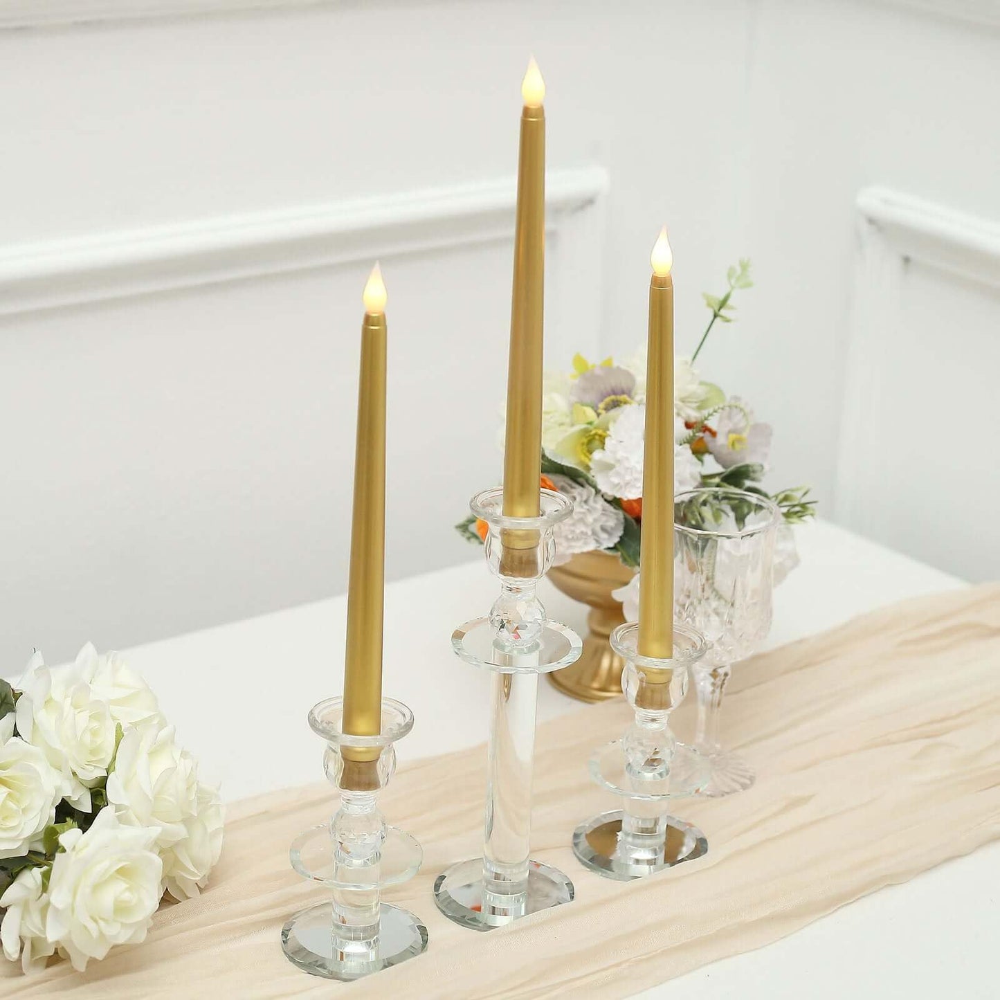 Efavormart Set of 3 | 11" Gold Flickering Flameless LED Taper Candles, Battery Operated Warm Glow Fake Candles for Wedding Centerpieces & Holiday Table Decor