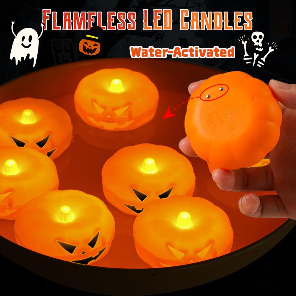 2.3” x24PK Orange Floating Candles-Halloween Flameless Water - Activated Candles, 180+ Hours Long - Lasting- Fall Decorations- Pool Decor-Thanksgiving Decorations