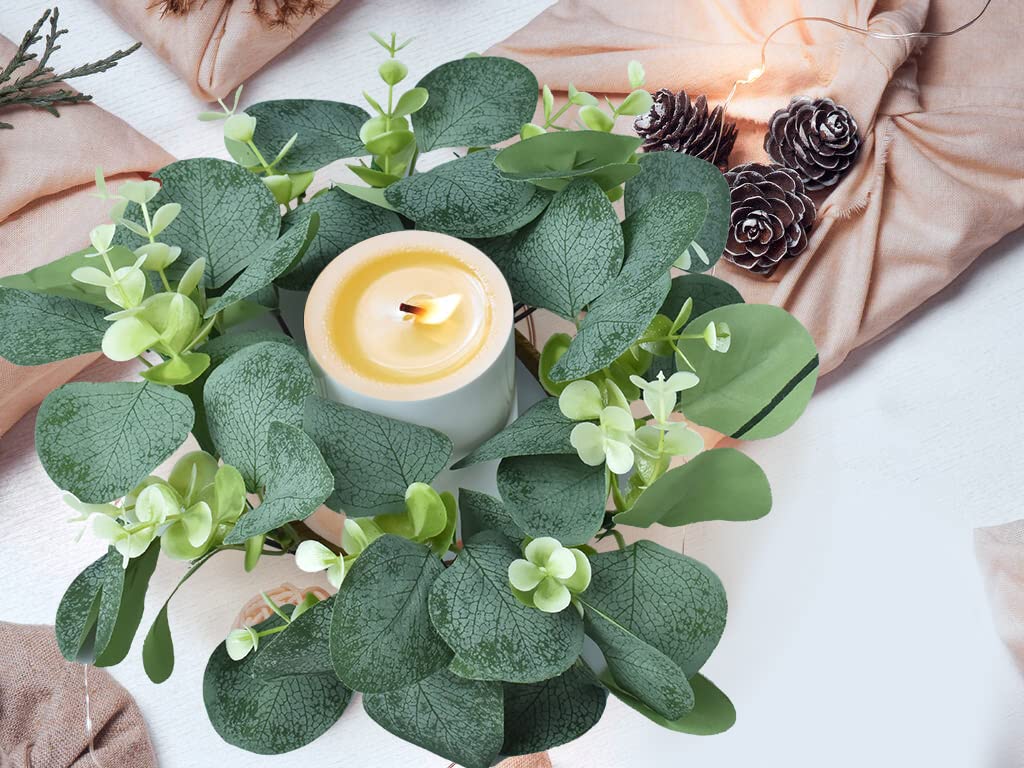 IWNTWY 6Pcs Candle Rings, Artificial Eucalyptus Wreath Candles Wreaths, Small Greenery Farmhouse Wreath for Door Wedding Centerpieces Home Party Table Decor, 4" ID / 9.8" OD