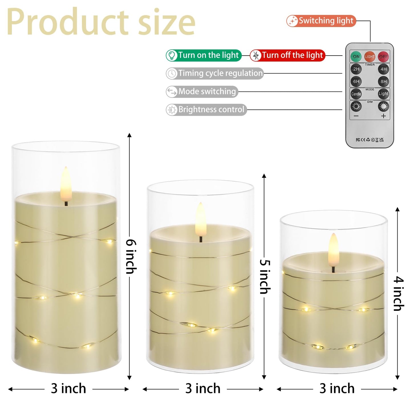COVEGE Flickering Flameless Candles with Embedded String Lights - Acrylic Battery Operated Candles with Remote, LED Pillar Candles for Valentines/Wedding Home Decor（White）