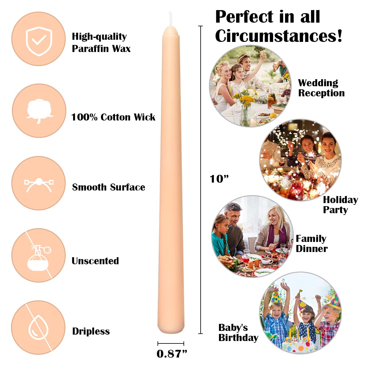 12-Pack Light-Orange Taper Candles, 10 Inch Unscented Dripless Candlesticks, Long-Lasting Burn Time of 7-8 Hours, Perfect for Fall Harvest Halloween Thanksgiving Dinners Parties and Home Décor