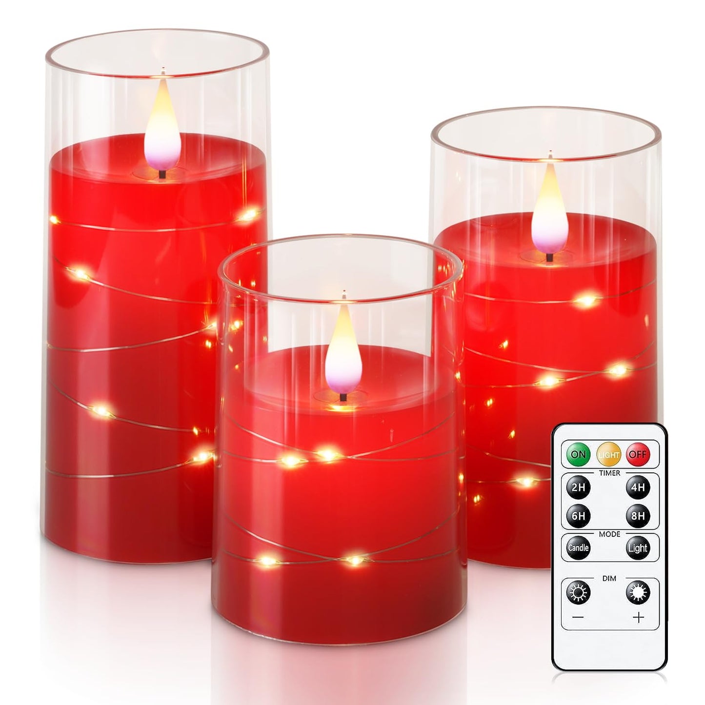 Homemory Flickering Flameless Candles with String Lights, Battery Operated Candles, Embedded String Lights LED Candles, Unbreakable Plexiglass Candle with Remote, Set of 3, Red