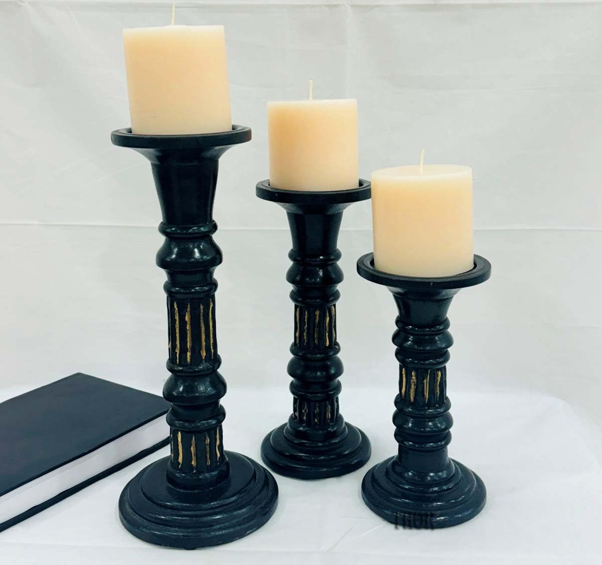Wood Candle Holders for Pillar Candles (Set of 3) Large Rustic Pillar Candlestick Stands - 8 x 10x 12 inch Candles Holder Modern Farmhouse Decor (Black)