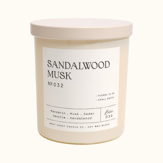 LEOBEN CO – Sandalwood Musk Scented Candle – 9oz, Signature Collection Design – 50 hr Burn time – Poured in California Using Vegan Soy Wax and Essential Oils – Made in Small Batches