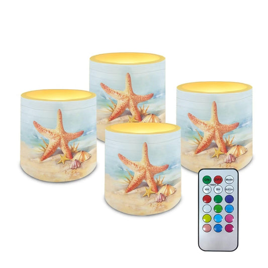 NETILGEN Beach Starfish Print 4 Pieces Flameless Candles with Remote Timer with Battery Operated 3 inch Realistic Flickering Flameless LED Candles Beach Party Decor