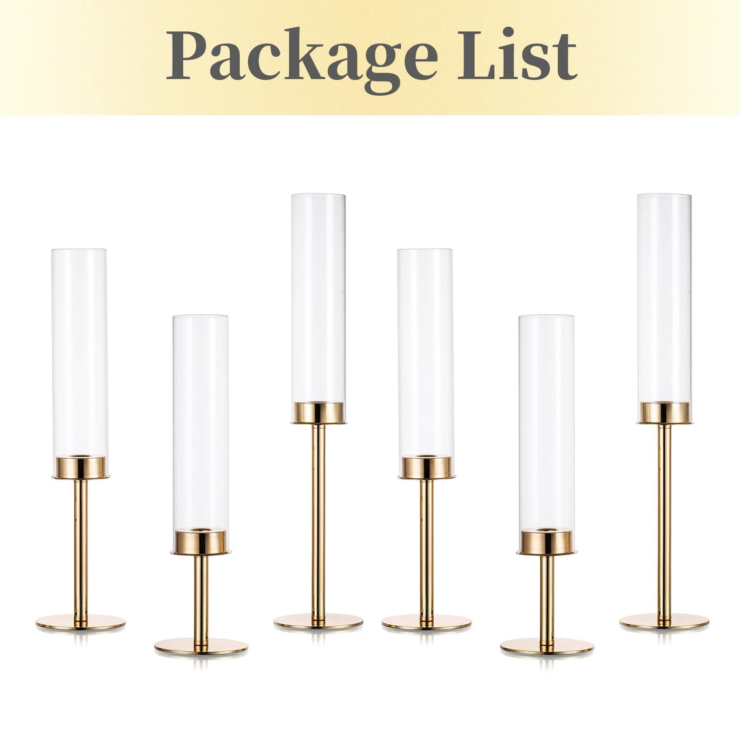 Hewory Gold Candle Holders Hurricane Candlestick Holders, 6Pcs Candle Stick Candle Holder Candelabra, Taper Candle Holders with Glass Candle Cover for Wedding Table Centerpiece Christmas Decor