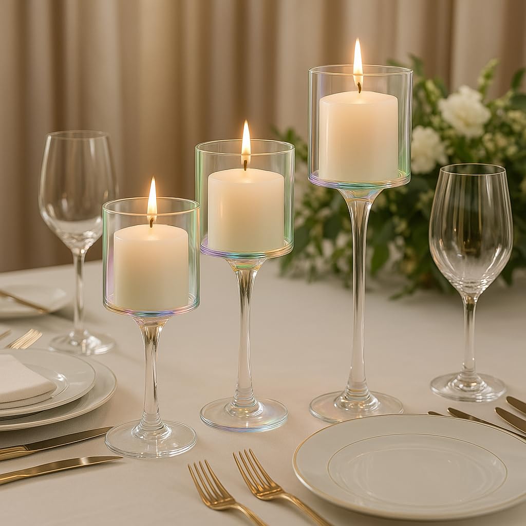 Koyal Wholesale Iridescent Glass Candle Holder Set of 3 Floating Candle Vases, Iridescent Wedding Decor Long Stem Floating Candle Holders, Wedding Sweetheart Table Votive Home Decor
