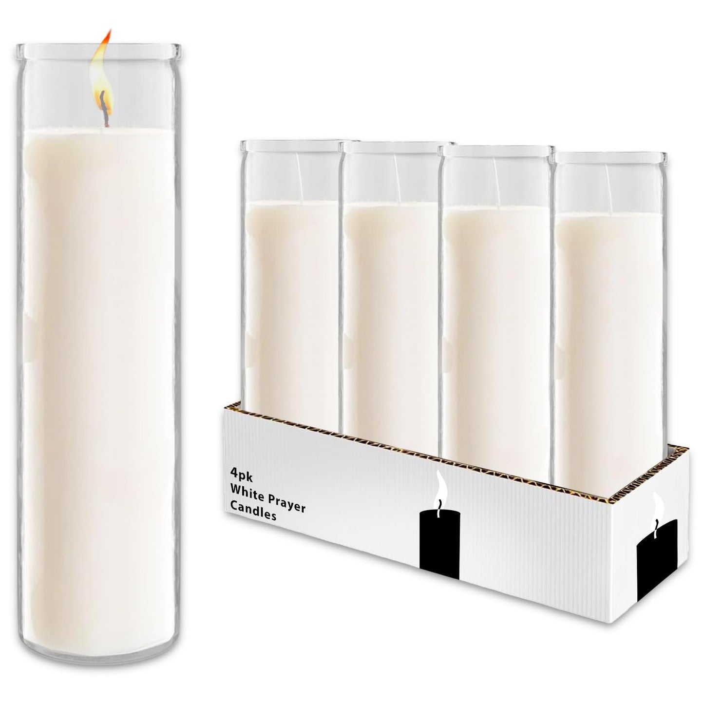White Prayer Glass Candle Set - 4 Pack White Prayer Candles for Vigils, Prayers, Cemetery, Blessing Ceremonies | Bulk 8" Candle Kit