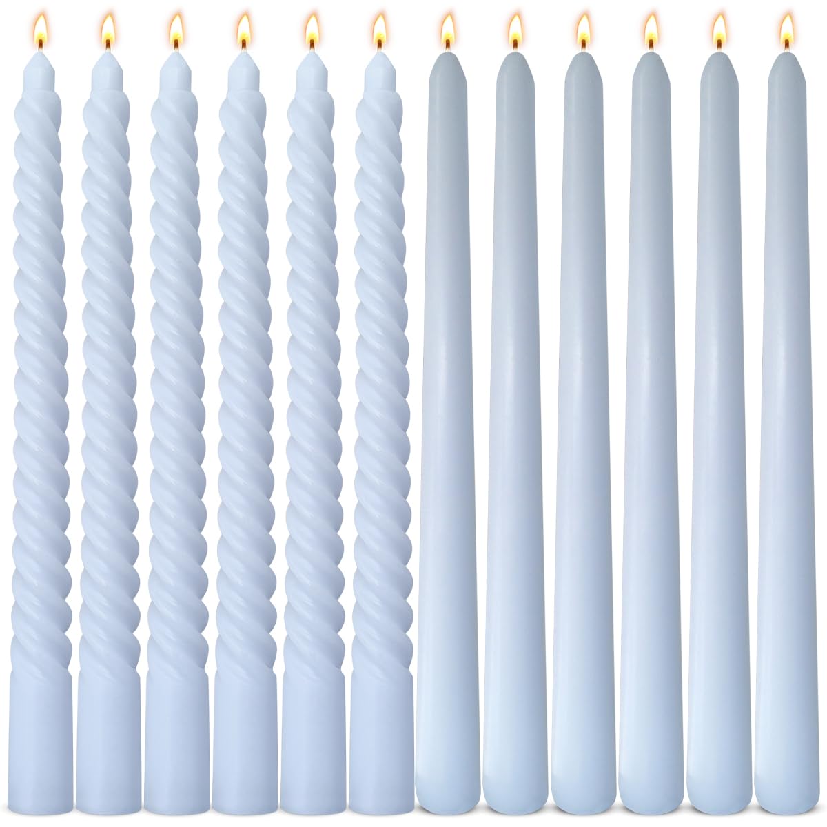 6 Pack Baby-Blue Smooth Taper Candles and 6 Pack Spiral Candles Set – 10 Inch Elegant Dripless Candlesticks for Weddings, Dinners, Parties, and Home Décor