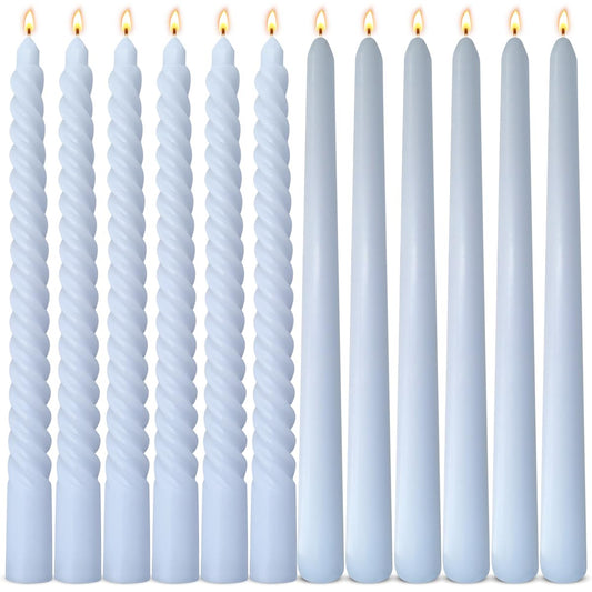 6 Pack Baby-Blue Smooth Taper Candles and 6 Pack Spiral Candles Set – 10 Inch Elegant Dripless Candlesticks for Weddings, Dinners, Parties, and Home Décor