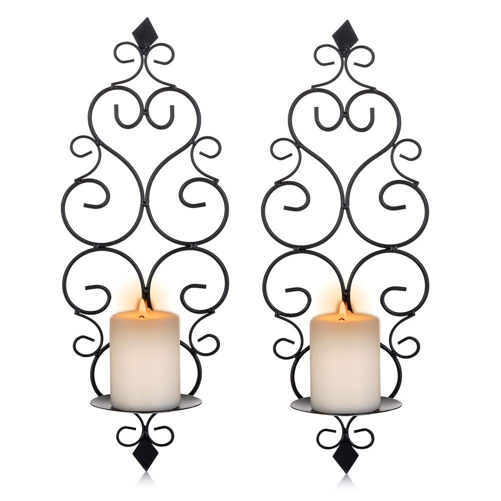 Sziqiqi Iron Wall Candle Sconce Holder Set of 2 Hanging Wall Mounted Pillar Candle Sconces Holder, Wall Sconces Decor for Bedroom Dining Room (Black)