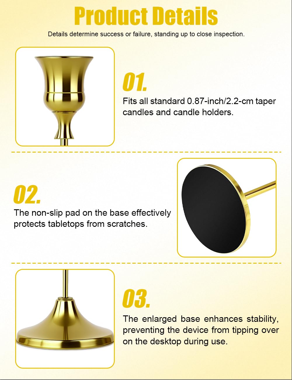 Set of 3 Brass Tapered Candle Holder,Candlestick Tall Metal Candlestick Holders for Table Centerpiece Home Decor for Wedding Fireplace Mantel Housewarming Gift Fits 3/4 Inch Thick Candles