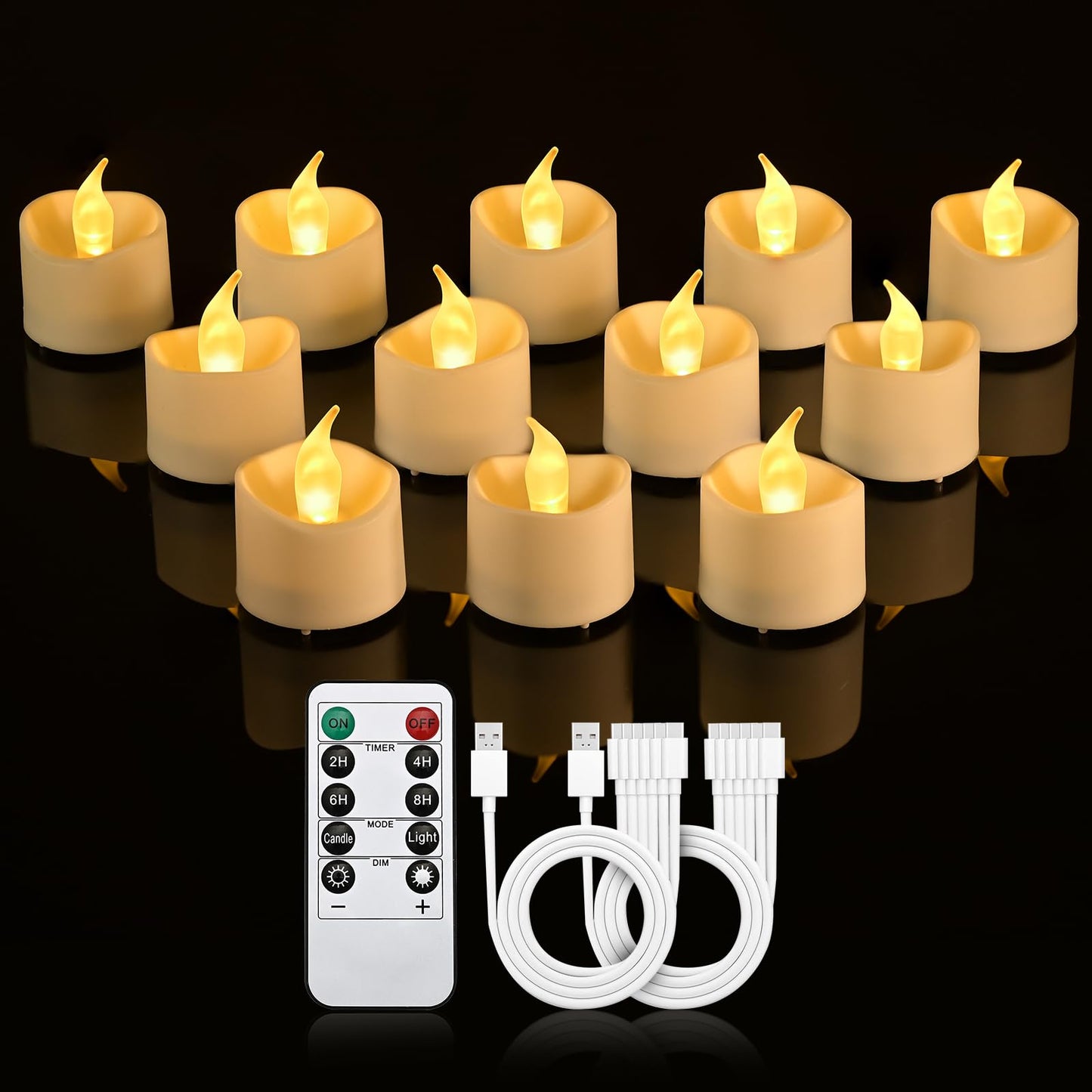 JOSU Rechargeable Flameless Tea Lights Candles with Remote Timer, Battery Operated LED Tealight Candles with 2 x 6-Port USB-C Cable for Votive Wedding Table Centerpiece Home Aniversary Decor, 12-Pack