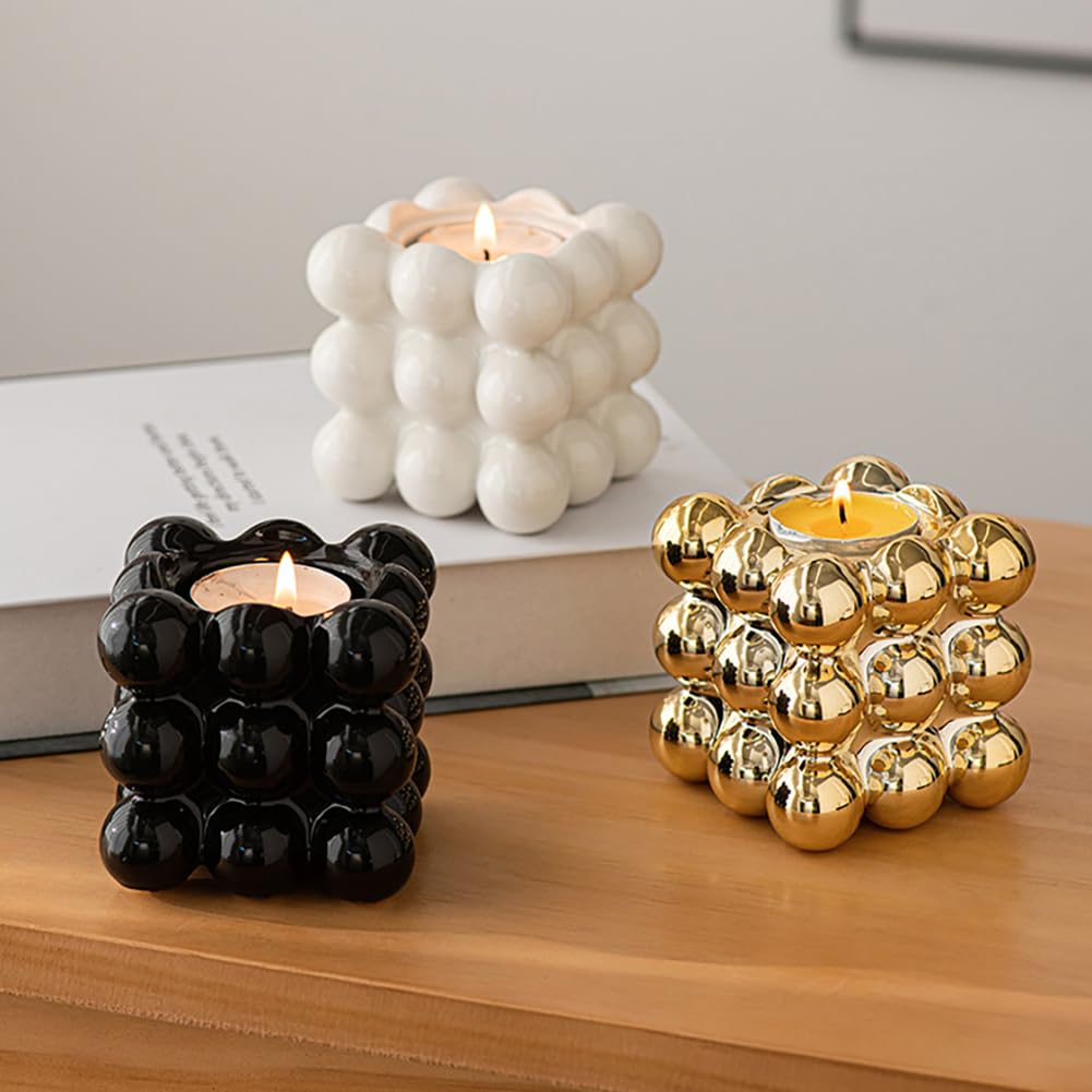 Ceramic Cube Golden Candle Holder Handheld Candlestick Holders Decorative Candle Stand Middle East Arabian Festival Candlestick Dining Table Party Home Decoration Ornament (Gold)