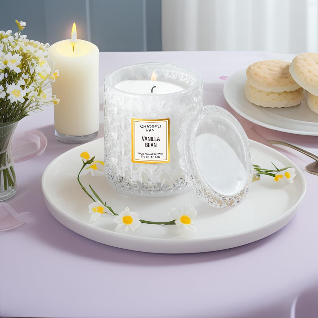 Chloefu LAN Vanilla Bean Highly Fragranced Candle Gifts for Women, Mothers Day Candle Gift, Natural Wax Candle for Home Scented, Up to 55 Hour Burn time - 8.1 Ounce Premium Soy Wax