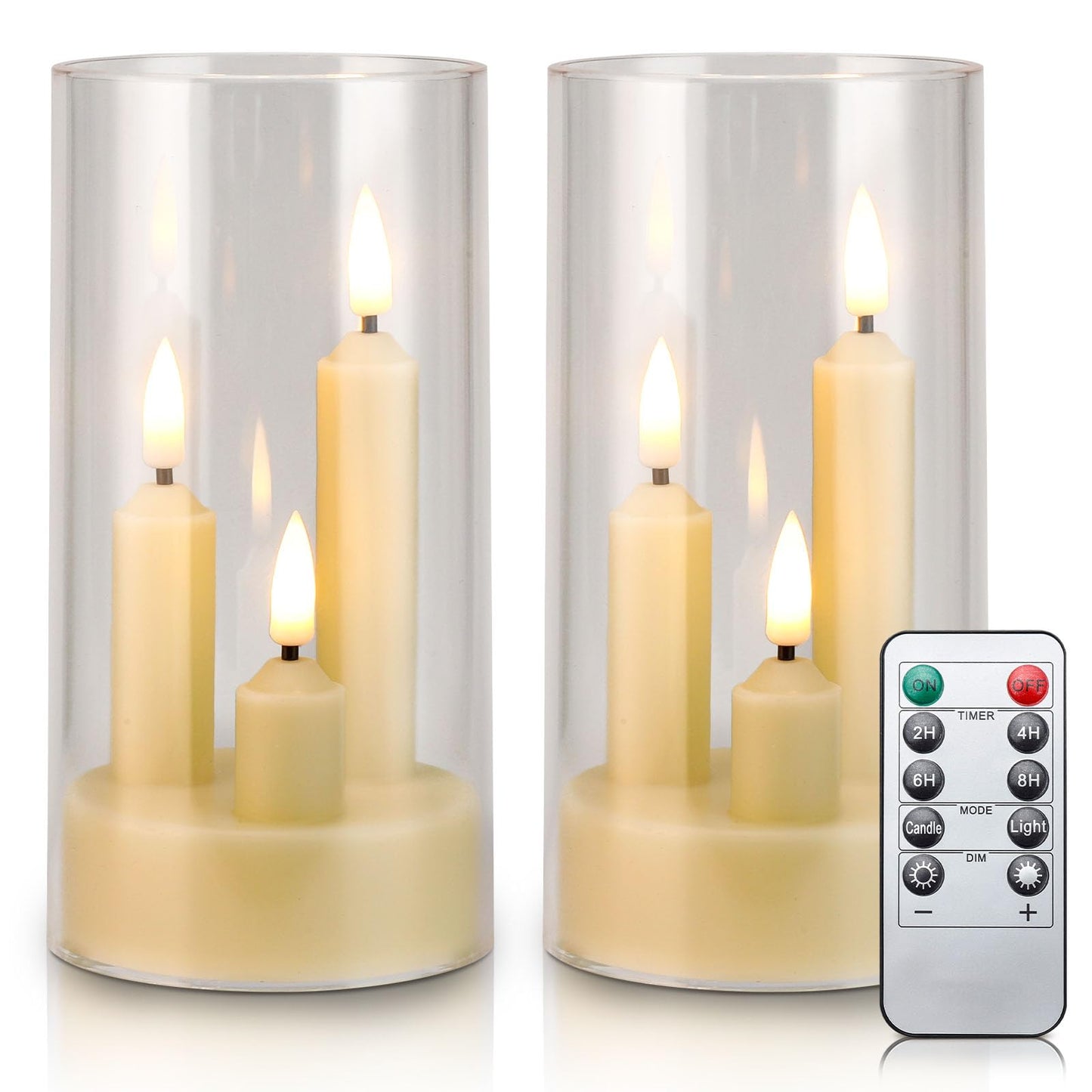 Enido 2 Pc Flameless LED 3-in-1 Taper Candles with Remote & Timer, Battery Operated Acrylic Pillar Set, 3" x 6" Flickering Electric Lights for Cozy Home & Holiday Romantic Decor (Clear)