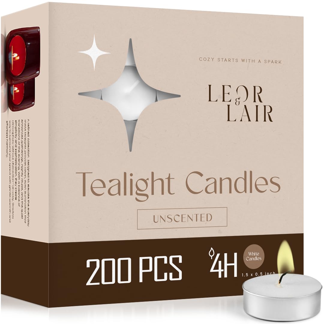 Leor & Lair Tea Light Candles 200 Pack – Bulk Tealights for Weddings, Events & Restaurants – 4 Hour Paraffin Palm Wax Blend – Mini Candles Bulk for Centerpieces, Lanterns & Tealight Holders