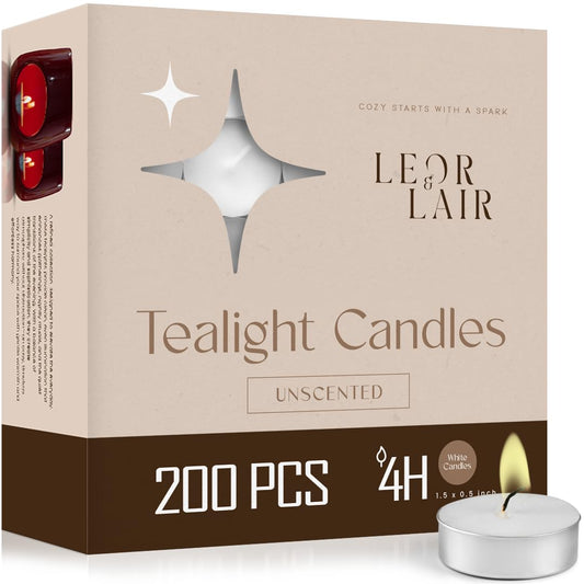 Leor & Lair Tea Light Candles 200 Pack – Bulk Tealights for Weddings, Events & Restaurants – 4 Hour Paraffin Palm Wax Blend – Mini Candles Bulk for Centerpieces, Lanterns & Tealight Holders