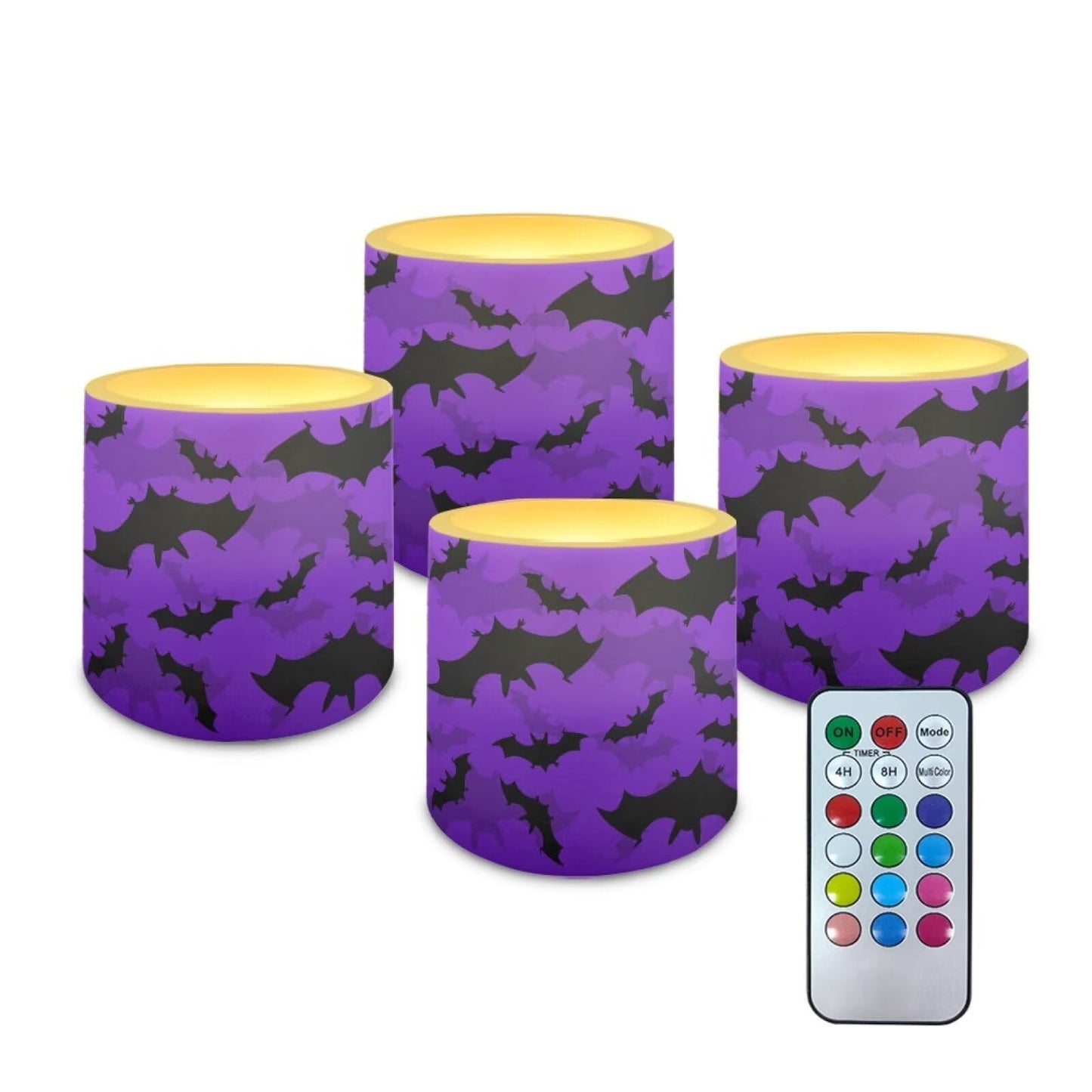 Merkmak Flameless Candles with 18-Key Remote, Halloween Black Bat Battery Operated Candles with Timer 4 Pack Flameless Pillar Tea Lights for Party Banquet Home Decorations