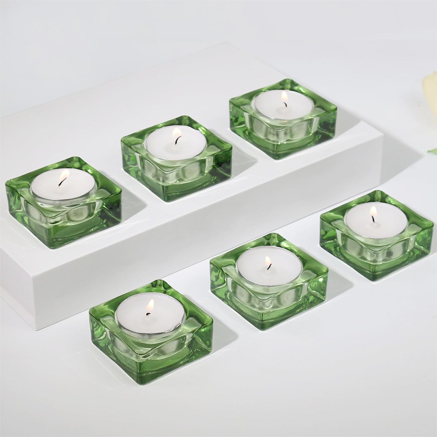 CHOCSTAY Tealight Candle Holder Set of 6, Green Glass Candle Holder Heat-Resistant Square Holders for Wedding, Party, Home Décor