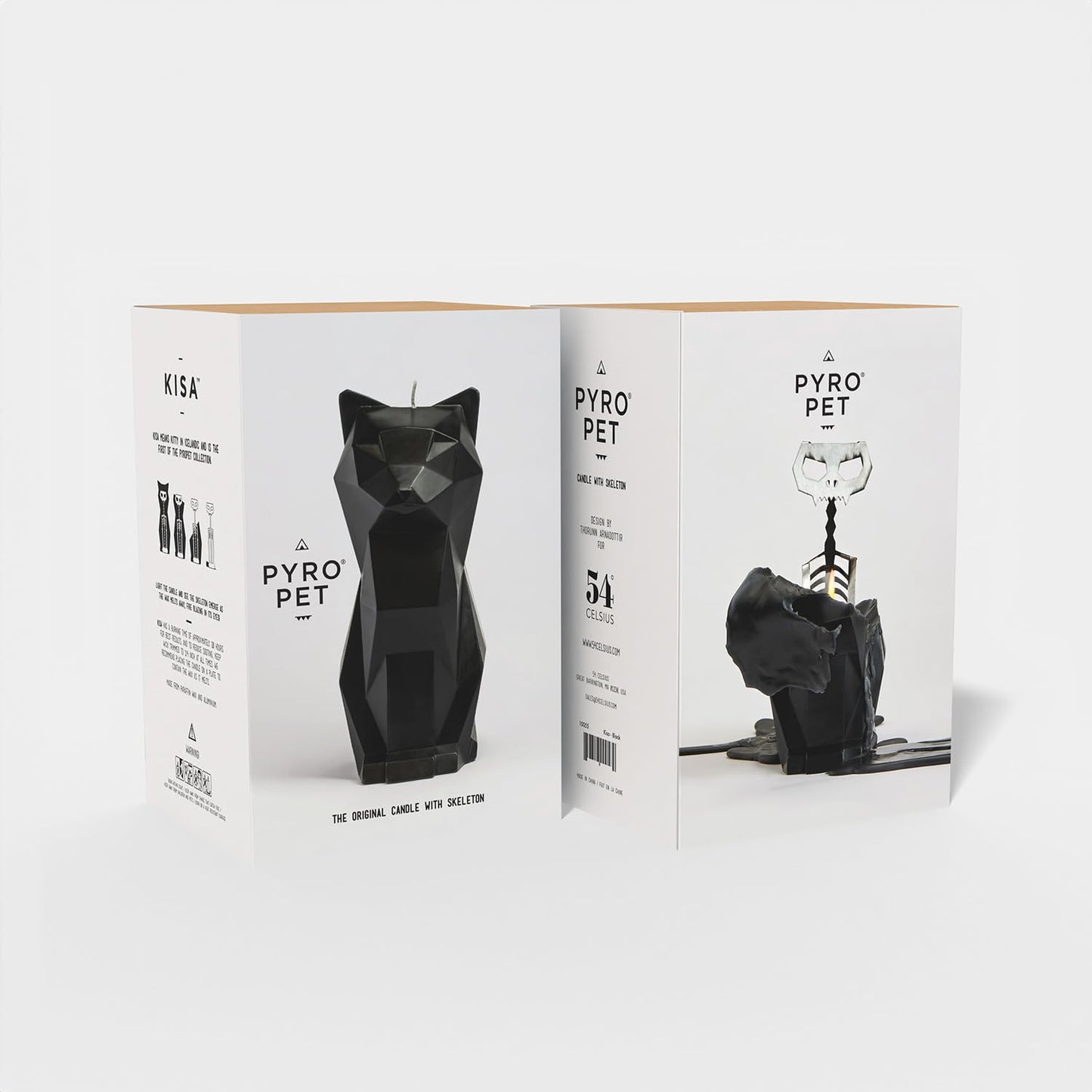 Pyropet Kisa Cat Candle with Skeleton Inside, Black, 20 to 25 Hour Burn, 6.7 x 2.9 x 4.5 in Sculptural Geometric Kitty and Creepy Cute Décor, Unique Melting Christmas Gift for Cat Lovers