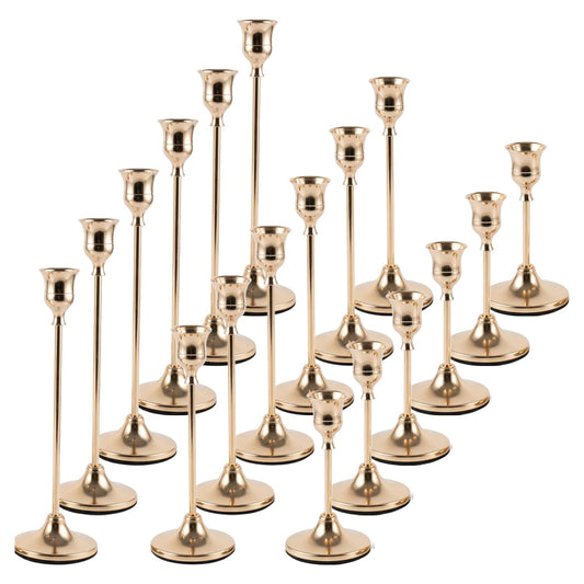 18 pcs Gold Candlestick Holders Set, 3 Sizes Metal Taper Candle Holders Weighted with Anti-Slip Pad, Vintage Finish Candle Sticks for Wedding Centerpieces, Christmas Mantel, Fireplace & Table Decor