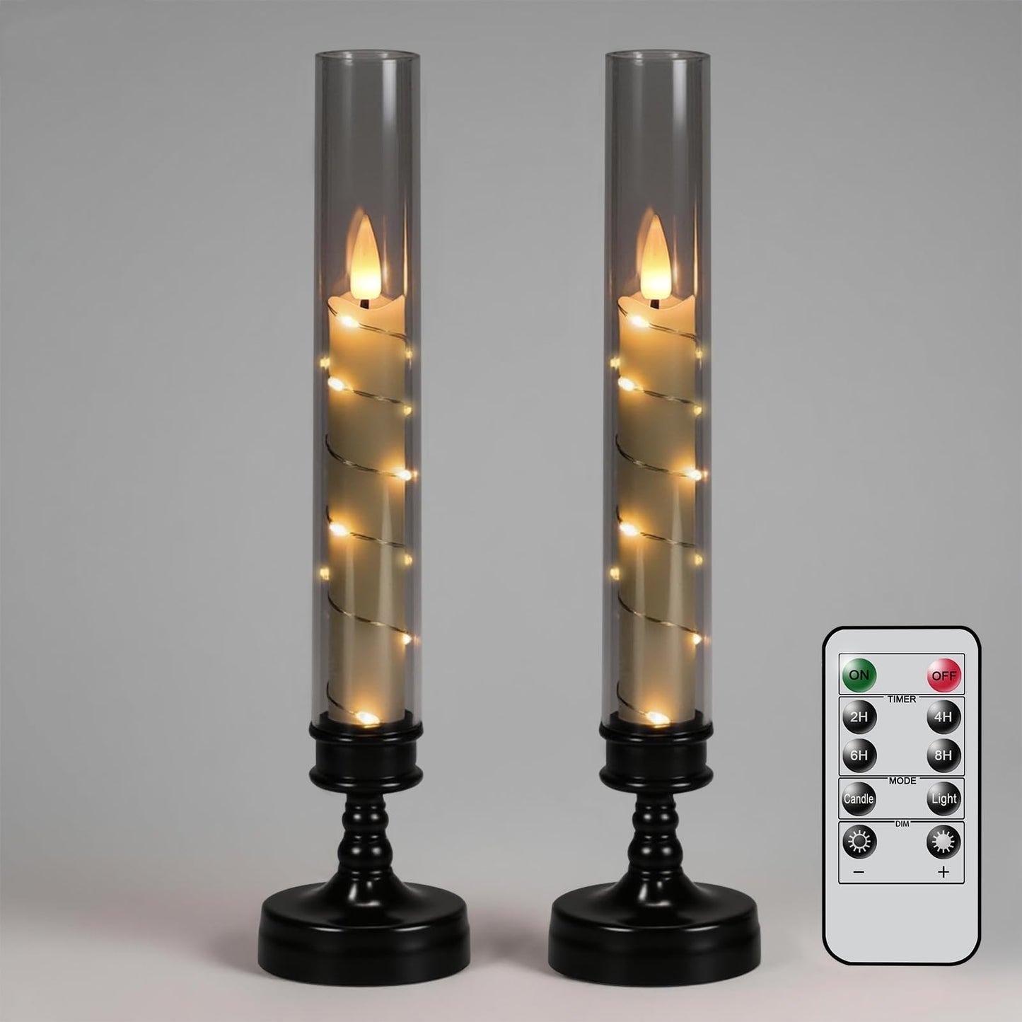 GenSwin Halloween Flameless Taper Candles with Remote and String Lights, Black Halloween Flameless Candles Battery Operated, 2 Pcs LED Flickering Candlesticks for Home Window Table Decor(D2.2”xH10”)
