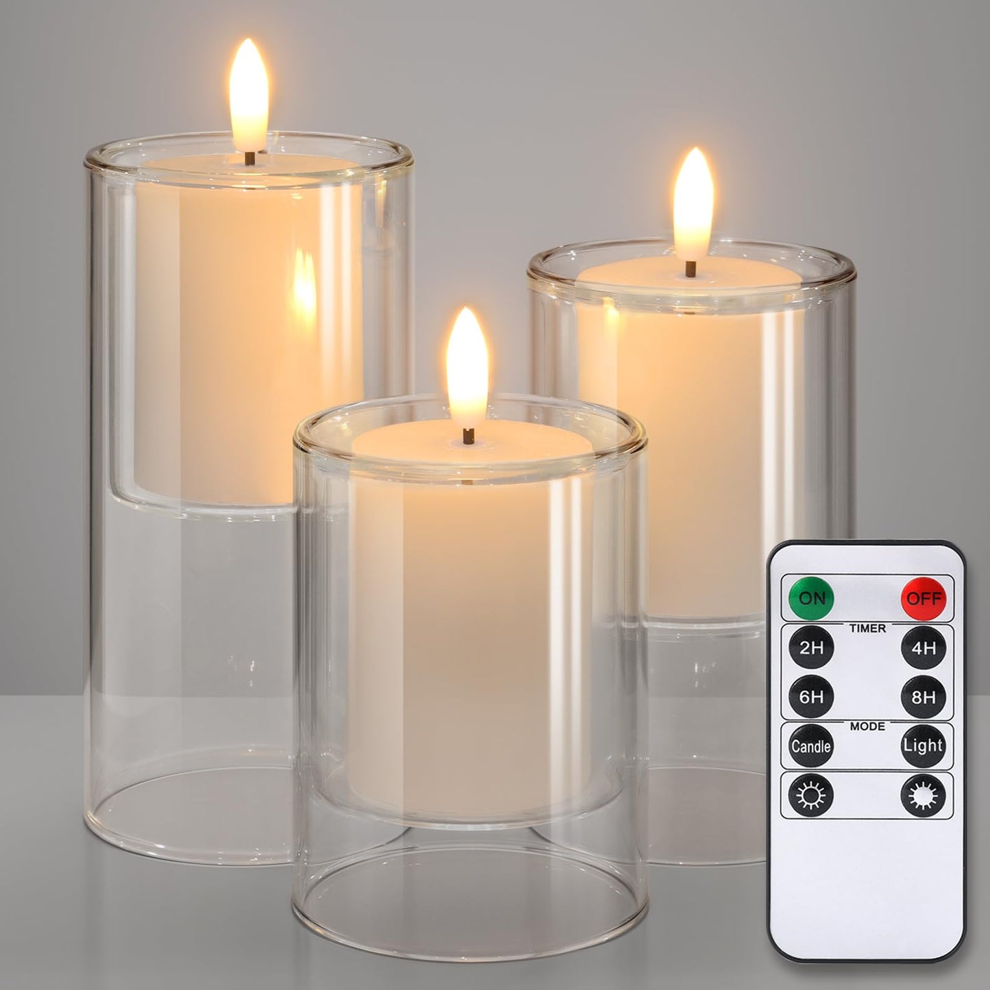NURADA Flameless Candles with Remote Timer - Glass Real Wax 3D Wick LED Pillar Votive Candle Set Battery Operated Flickering Light for Home Christmas Decoration - White 3 Pack