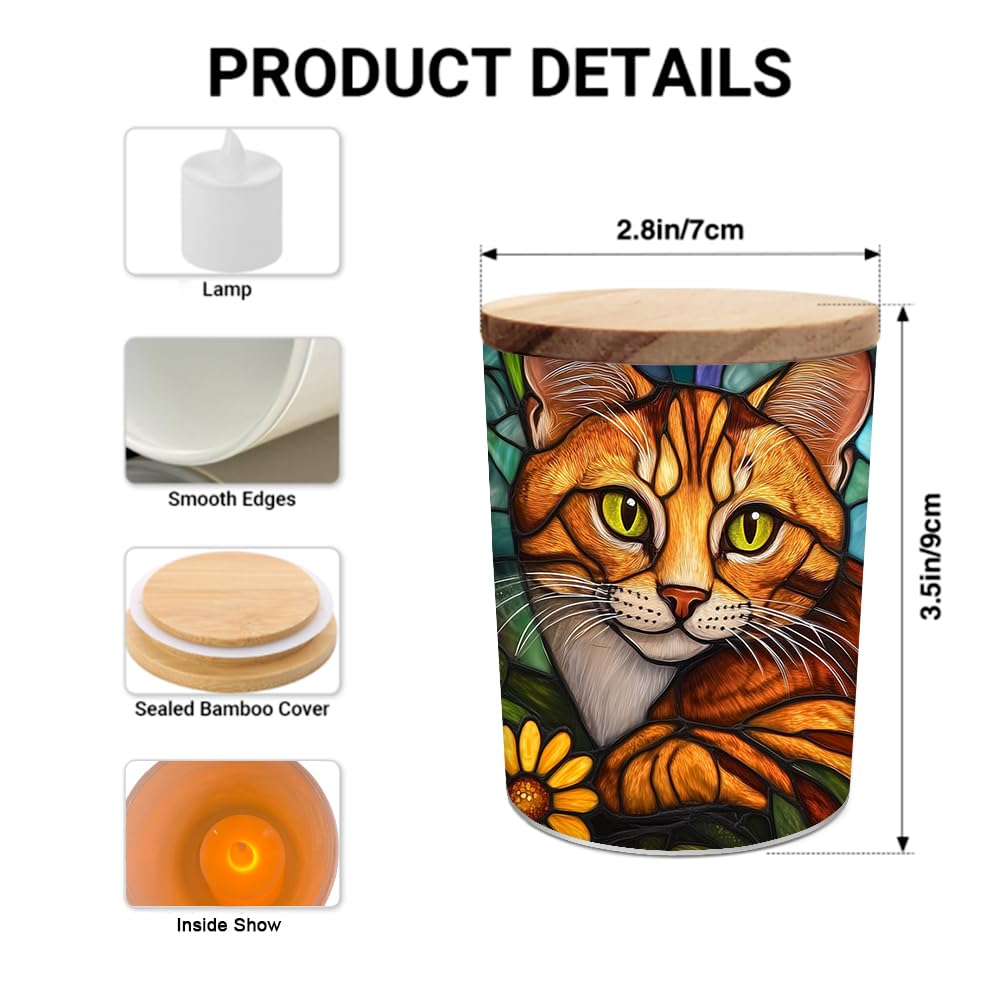 Stained Glass Cat LED Candle Holder with Bamboo Lid, Decorative Tea Light Jar, Orange Ginger Cat Design, 3.5x2.8 Inches