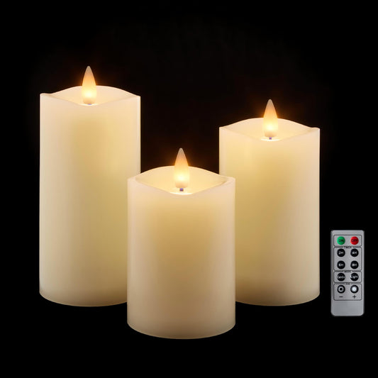 CozierGlow Flameless Pillar Candles Flickering with Remote Timer, Battery Operated LED Candles Up to 400 Hours, 3D Moving Flame Real Wax Candles. (Ivory Melted Top)