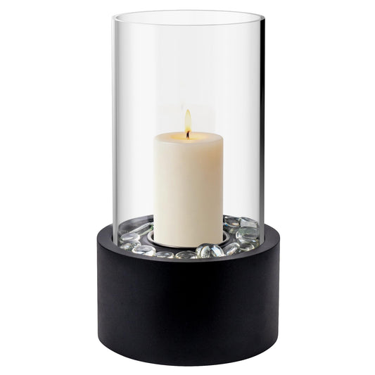 Rixordd Black Hurricane Candle Holder with Round Metal Tray – Clear Glass Cylinder Lantern, Multi-Purpose Decorative Centerpiece for Candles, Flowers, Wedding, Christmas & Home Decor (w/o Candle)