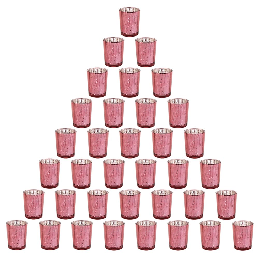 BTGLLAS Pink Mercury Glass Tea Light Holders Set of 36 - Elegant Votive Candle Holders for Weddings, Showers and Home Decor - Perfect for Table Centerpieces and Parties (Glass, Pink)
