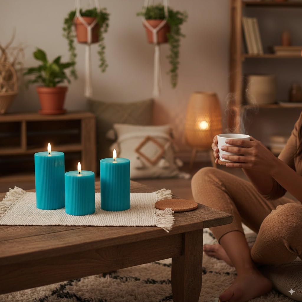 VENTA Turquoise Flameless Pillar Candles, Set of 3 (4" 5" 6") | Realistic Flickering Teal LED Candles with Remote & Timer | Perfect for Coastal, Boho & Modern Home Decor