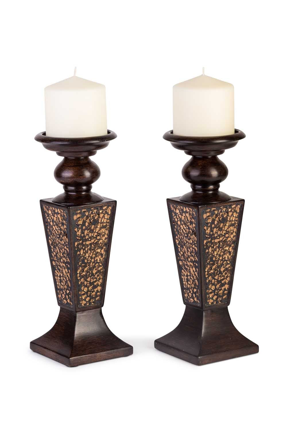 Creative Scents Schonwerk Brown Pillar Candle Holder Set of 2- Crackled Mosaic Design- Functional Table Decorations- Centerpieces for Dining/Living Room- Best Wedding Gift