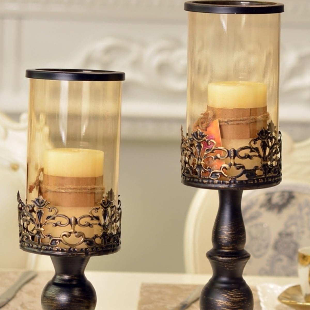 YUHUAWF Candle Holderss Retro Old Candlestick Home Living Room Porch Glass Ornaments Wedding Decoration Candle Holder Decorative Candlestick(Small)