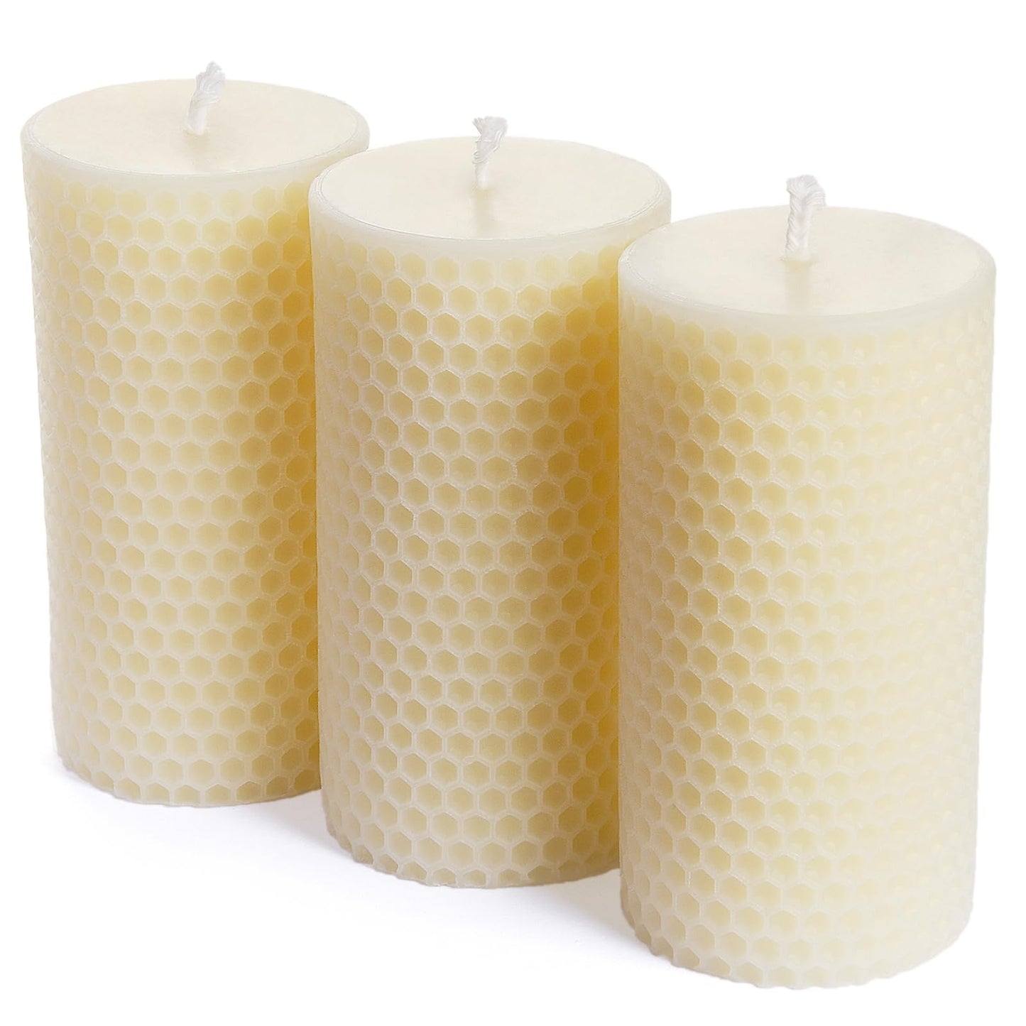 Pure Natural Beeswax Pillar Candles - Pack of 3 - Honeycomb Surface, No Scent- for Emergency/Prayer/Relax (2inch Diameter, 4 inch Tall - Off White)