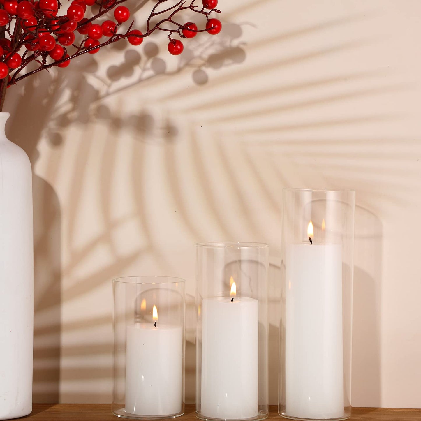 Shihanee Set of 12 Pillar Candles and Glass Cylinder Vases Clear Cylinder CandleHolders for Slim Pillar Candles Wedding Centerpieces(2.6'' X 4.7'', 5.9'', 7.9'',White)