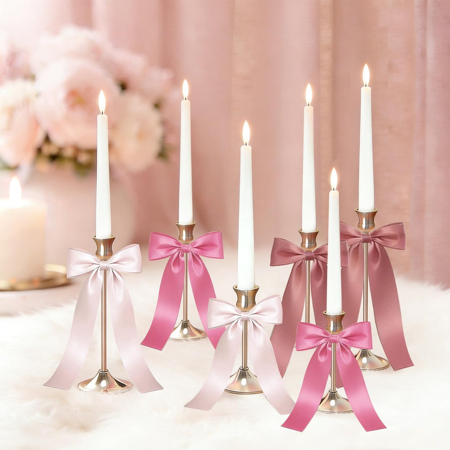 JarThenaAMCS 6Pcs Candle Stick Holders with Candles Satin Ribbon Bows Gold Metal Taper Candle Holders for Bride Shower Wedding Party Fireplace Table Centerpiece Decor