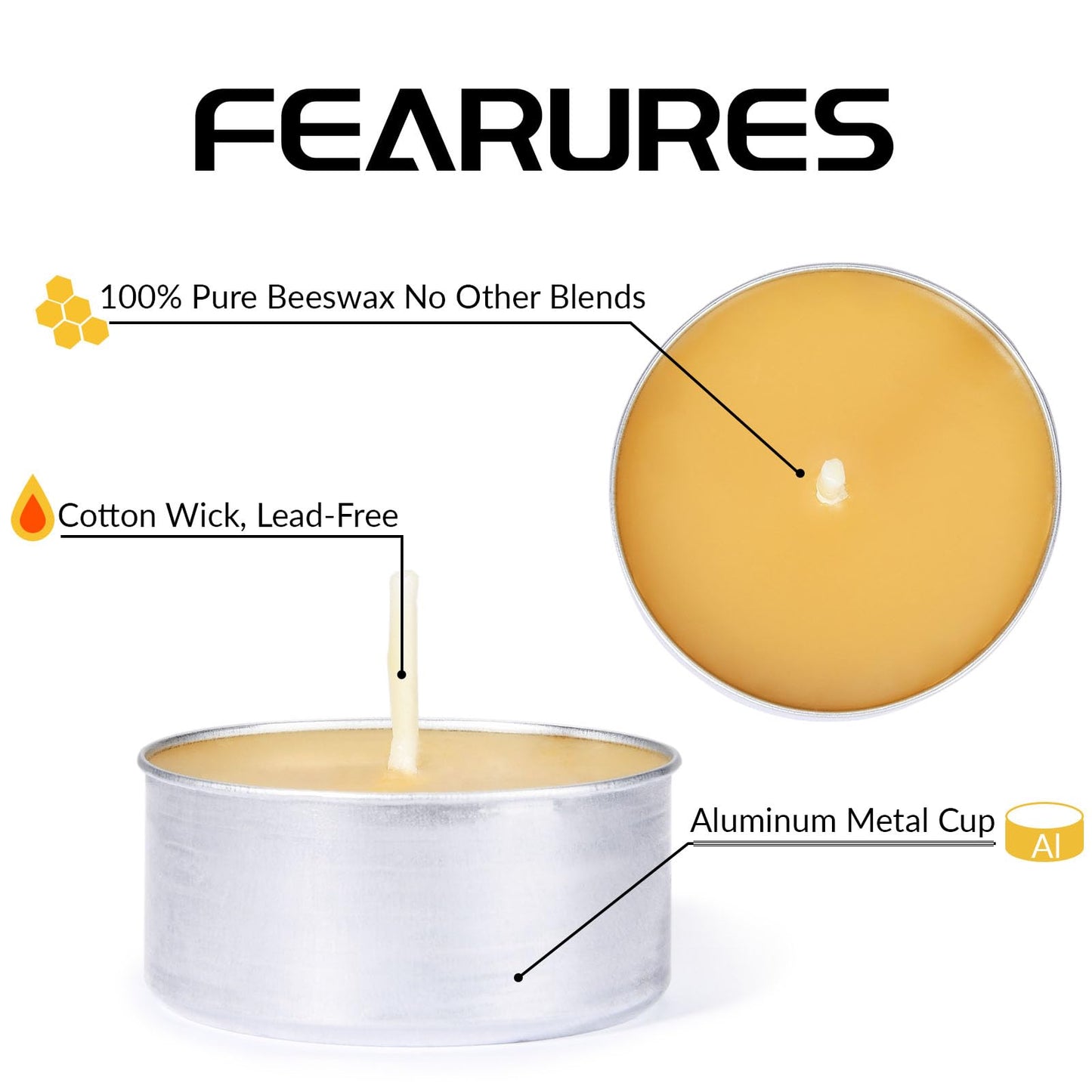 Natural Beeswax Tea Candles in Metal Aluminum Cup - Organic Mini Beeswax Candle Natural Scent Smokeless 4-5 Hours Long Burning - Yellow, Pack of 36