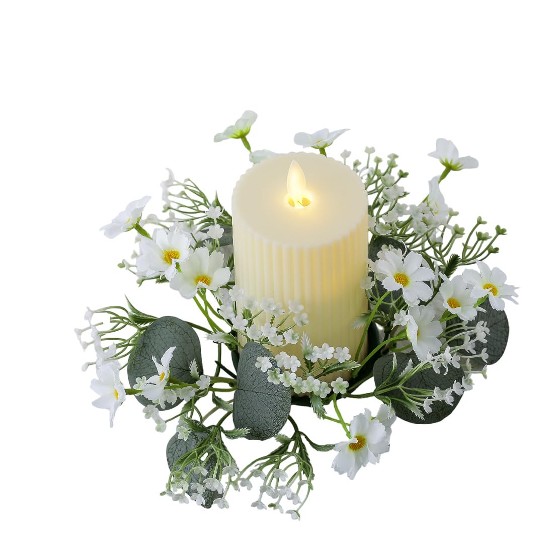 2 Pcs Candle Rings Wreaths,Artificial Daisy Flowers with Green Leaves Flower Candle Rings Candleholders Garland for Pillar Centerpiece Party Table Decor,3inch Center Diameter (White)